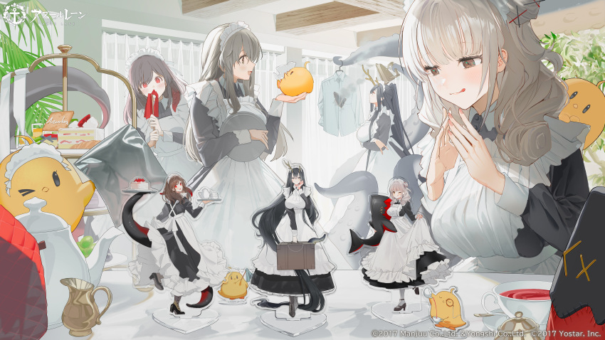 4girls, absurdres, animal, antlers, apron, azur_lane, black_hair, black_shirt