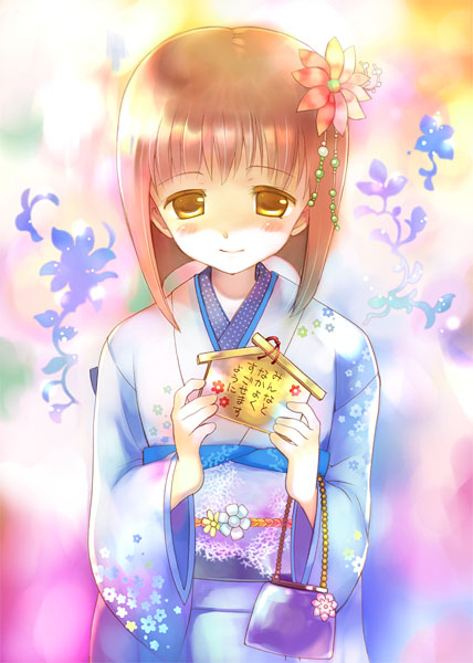1girl, bag, bangs, blue_clothes, blue_yukata, blush, brown_hair, choppy_bangs