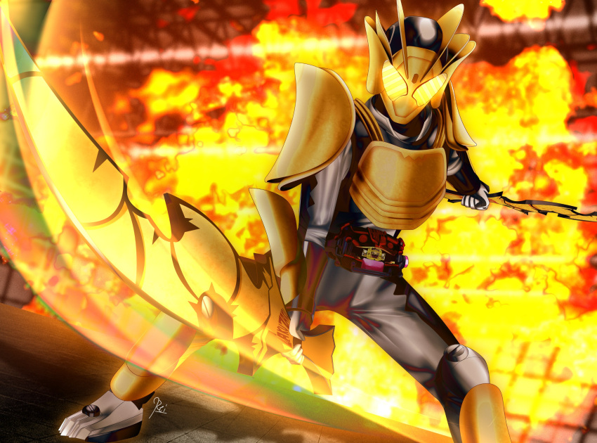 1boy, absurdres, armor, bodysuit, chips_(food), dual_wielding, explosion, food
