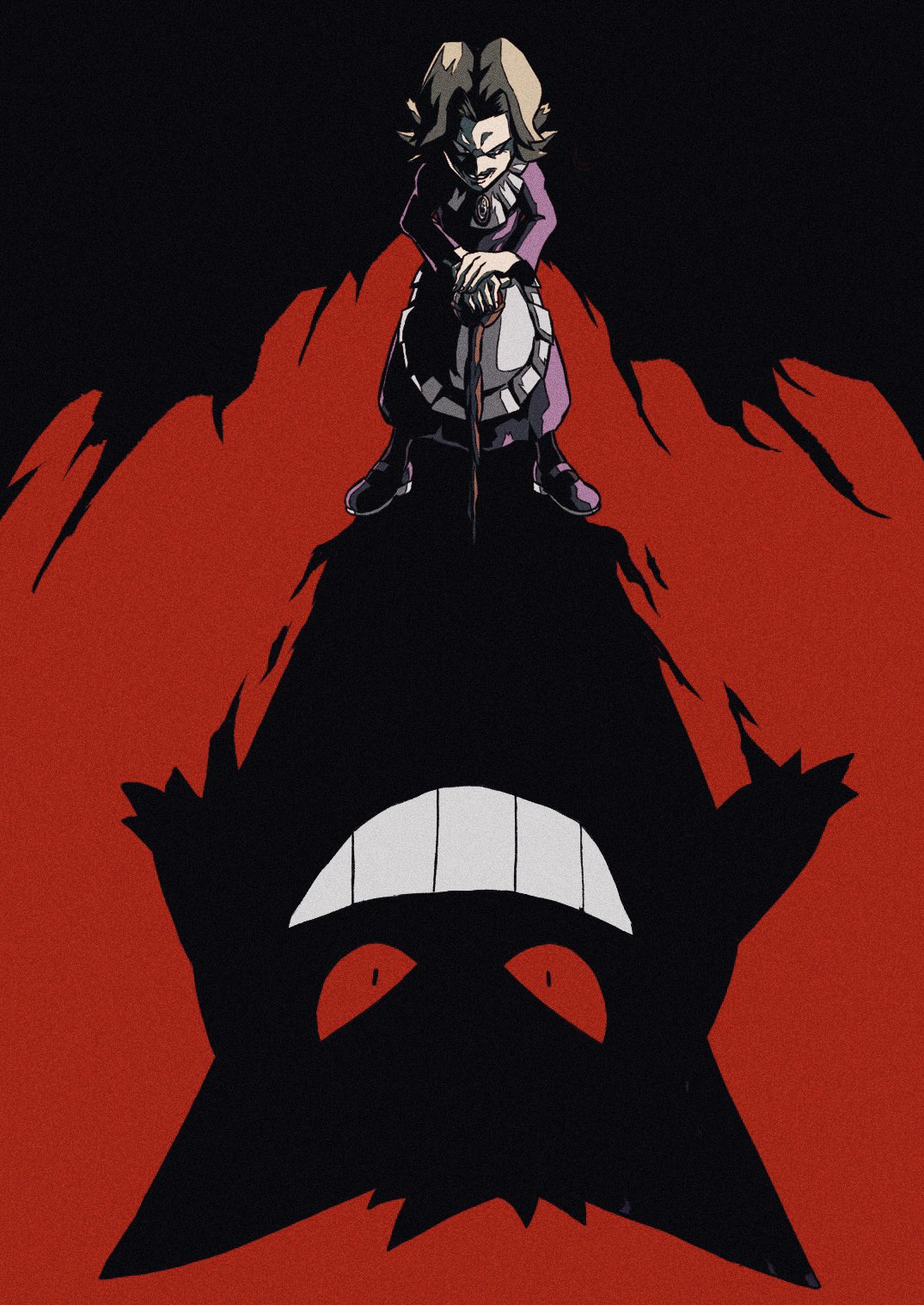 1girl, agatha_(pokemon), cane, debudebumetabo, dress, gengar, grey_hair, highres