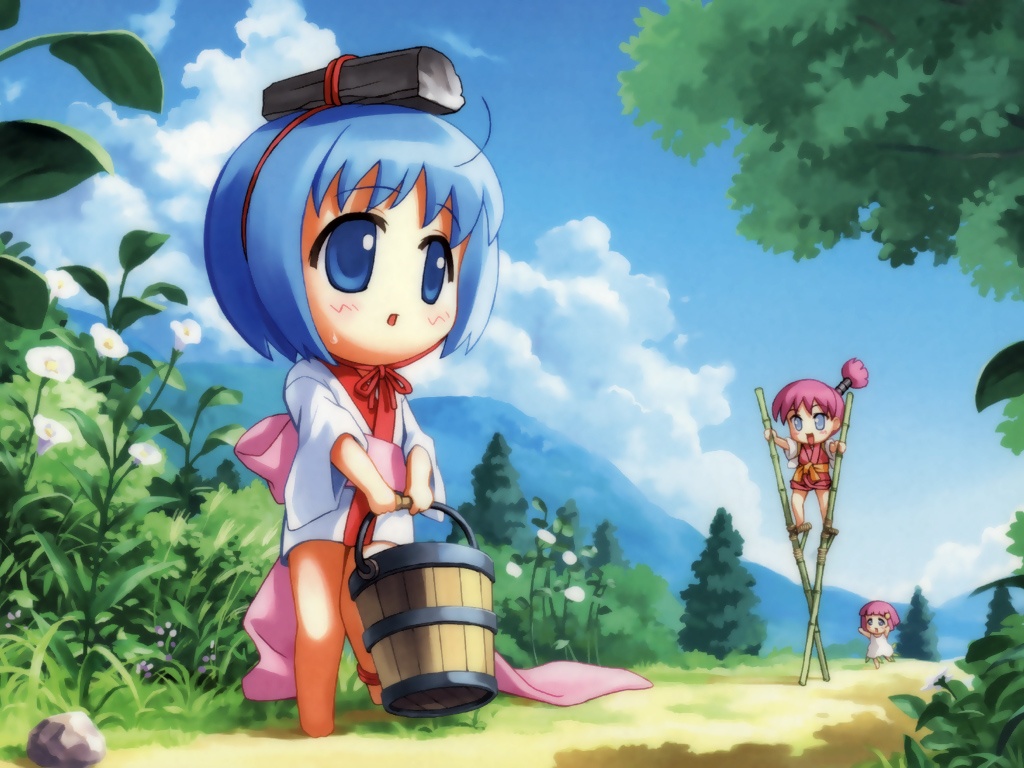 bamboo, binchou-tan, binchou-tan_(series), bucket, chiku-rin, chiku-tan, ekusa_takahito, forest
