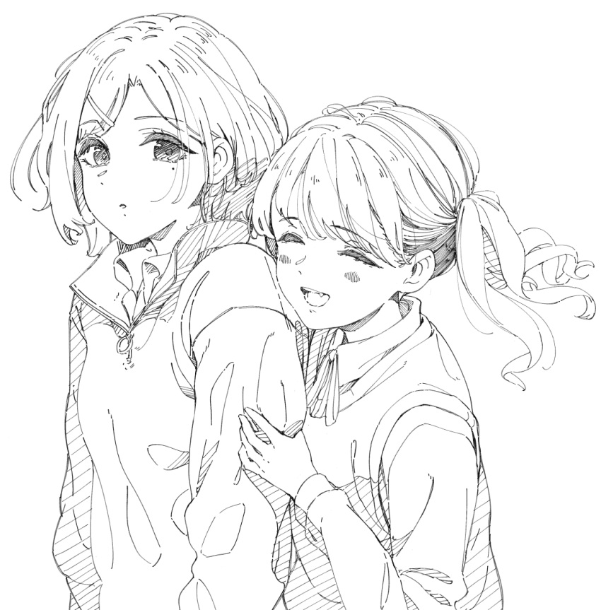 2girls, blush, closed_eyes, commentary_request, fang, fukumaru_koito, greyscale, hair_ornament