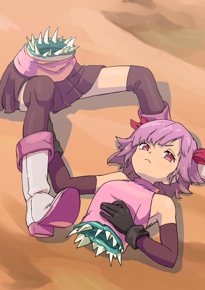 1girl, bare_shoulders, bisected, black_gloves, boots, detached_sleeves, full_body, gloves