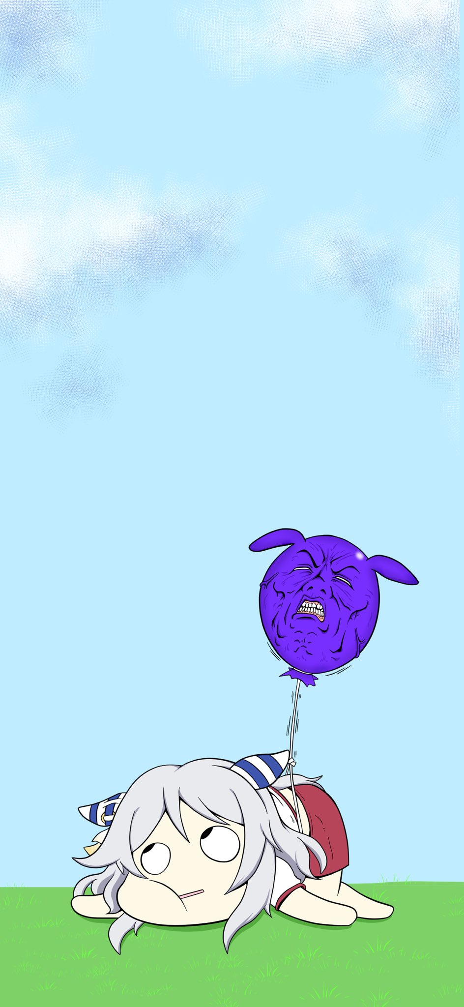 1girl, alternate_costume, angry, animal_ears, arms_at_sides, balloon, clouds, commentary_request