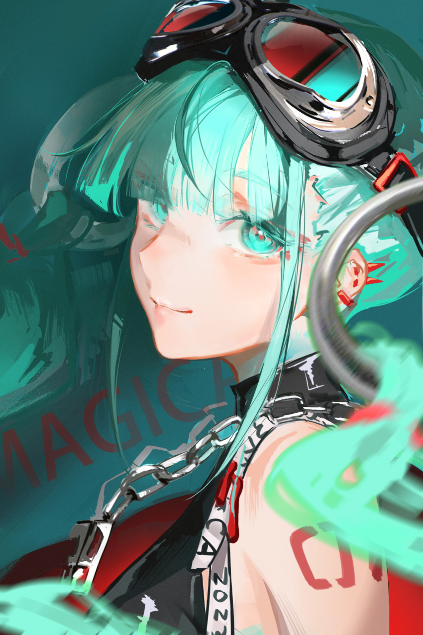 1girl, 39, aqua_eyes, aqua_hair, arm_tattoo, braid, chain, chain_necklace