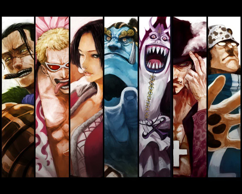 bartholomew_kuma, beard, black_eyes, black_hair, blonde_hair, blue_skin, boa_hancock, breasts
