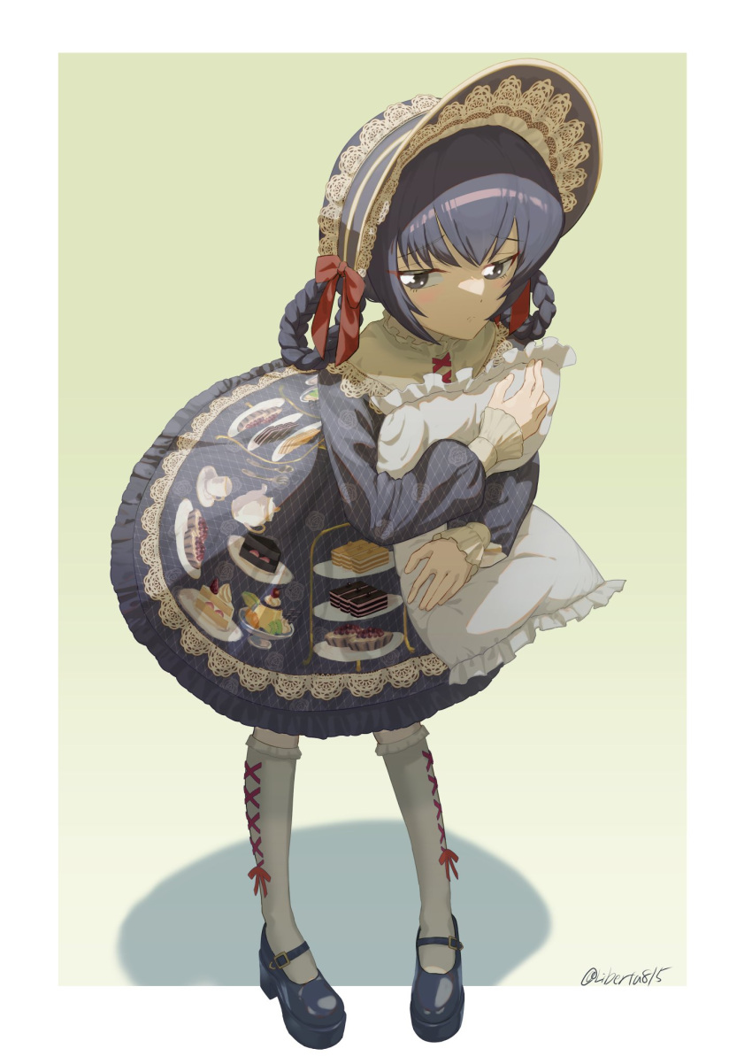 1girl, black_footwear, black_hair, bonnet, braid, dress, frilled_sleeves, frills