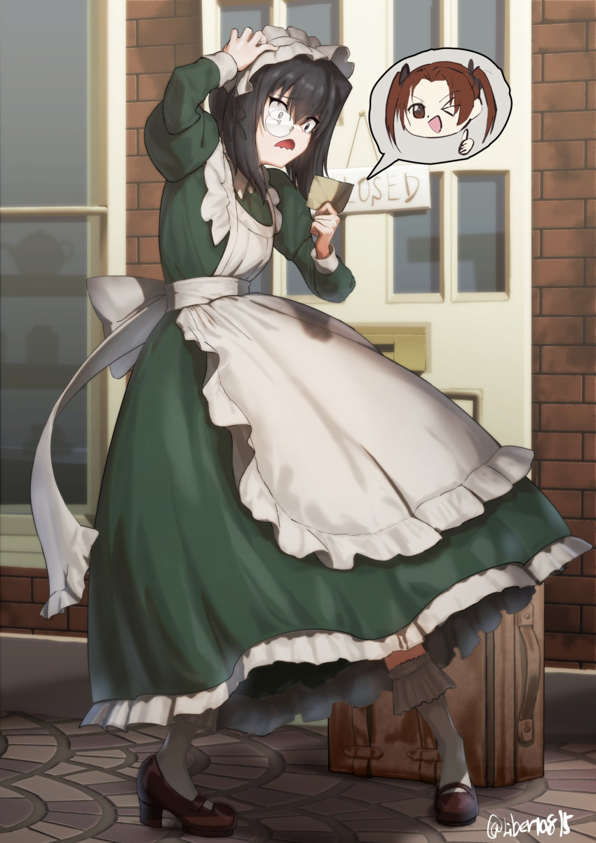 2girls, apron, black_hair, brown_hair, dress, girls_und_panzer, green_dress, hand_on_own_head