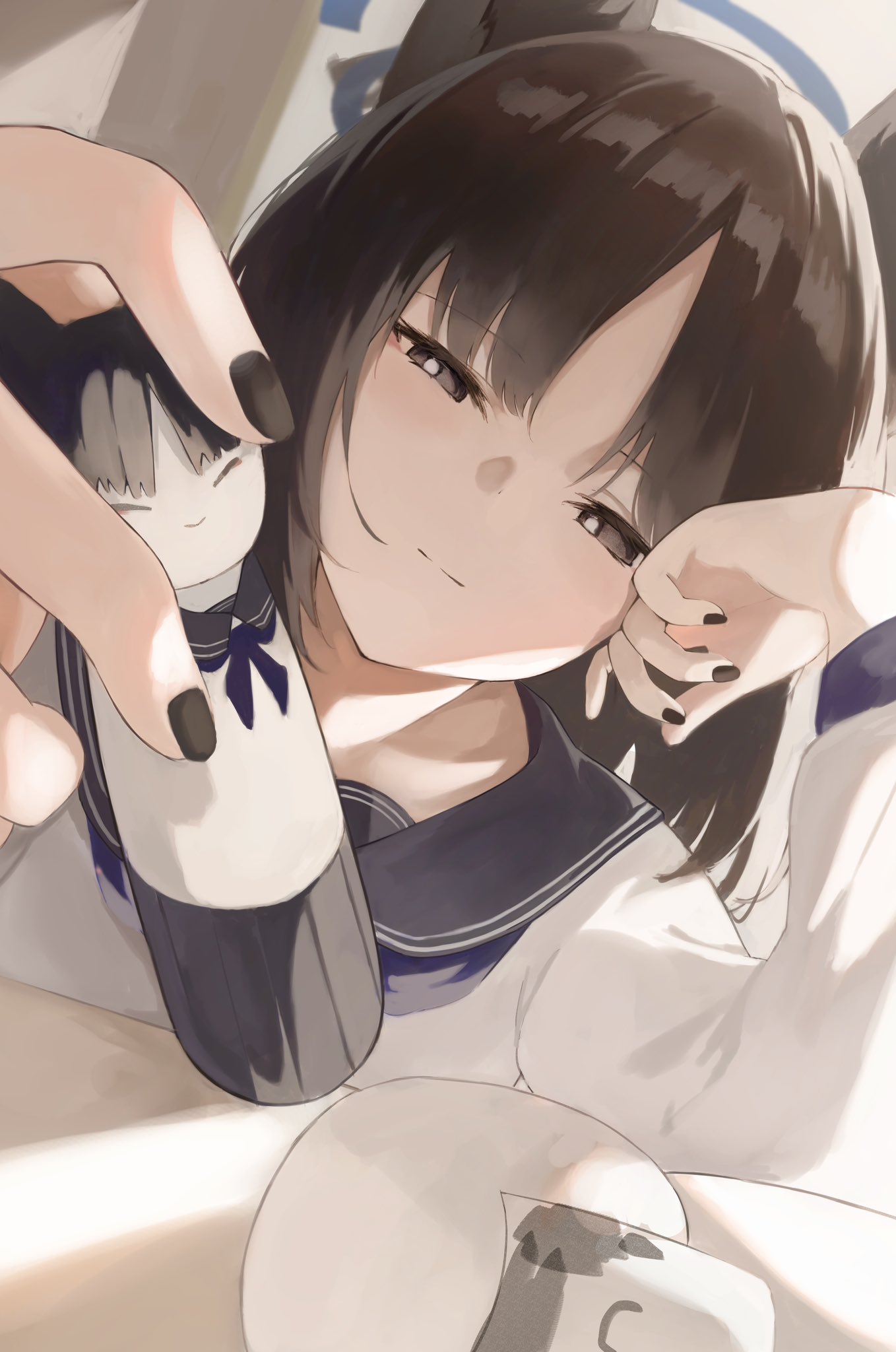 animal_ears, black_hair, blue_archive, blunt_bangs, cat_ears, doll, doodle_sensei_(blue_archive), grey_eyes