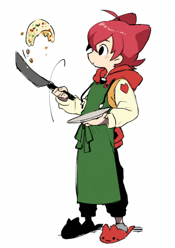 1boy, 46_(sim), ahoge, animal_ears, animal_slippers, apron, black_eyes, cat_ears, closed_mouth, cooking, drawstring, flat_color, flipped_hair, floating, floating_food, floating_object, food, fried_rice, frying_pan, full_body, green_apron, grey_socks, hair_between_eyes, hair_ears, holding, holding_frying_pan, holding_plate, hood, hood_down, jiba_jinpei, long_sleeves, looking_ahead, looking_at_food, male_focus, pants, pink_hair, plate, profile, red_footwear, rice, short_hair, sketch, slippers, socks, solo, standing, youkai_watch