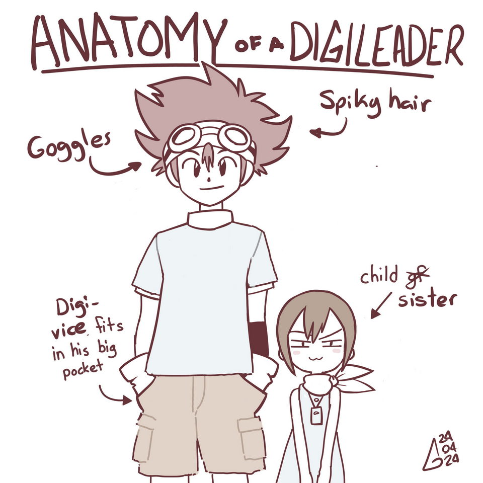 1boy, 1girl, :3, anatomy_of_a_gamer_(meme), brother_and_sister, brown_hair, cargo_shorts, commentary, dated, digimon, digimon_adventure, english_text, garabato, goggles, goggles_on_head, hands_in_pockets, meme, neckerchief, raised_eyebrow, shorts, siblings, signature, smug, yagami_hikari, yagami_taichi