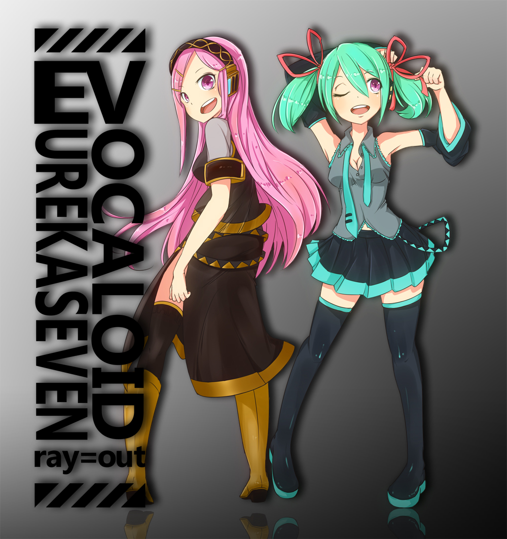 anemone, aqua_hair, cosplay, crossover, detached_sleeves, eureka, eureka_7, eureka_seven, eureka_seven_(series), hair_ribbon, hatsune_miku, hatsune_miku_(cosplay), headset, long_hair, megurine_luka, megurine_luka_(cosplay), multiple_girls, necktie, open_mouth, pink_hair, purple_eyes, ribbon, skirt, thigh-highs, thighhighs, twintails, very_long_hair, violet_eyes, vocaloid, wink, zettai_ryouiki, zukaketawagase