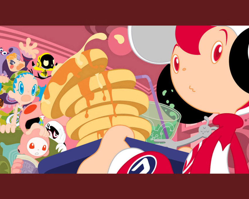 2boys, 3girls, ambiguous_green_liquid, amp_(cool_cool_toon), animal_ears, animal_print, apron, aqua_eyes