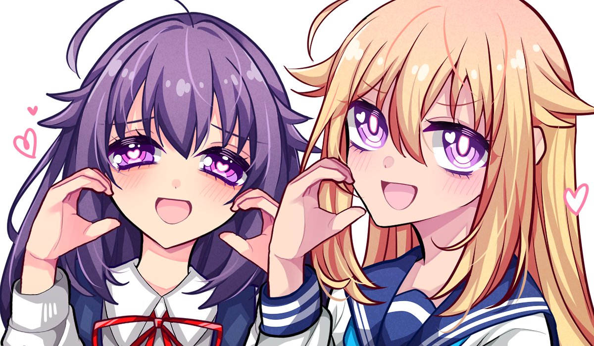 2girls, ahoge, blonde_hair, blue_neckerchief, blue_sailor_collar, blush, heart, heart-shaped_pupils, heart_hands, koshi_anko_(shikanoko), koshi_torako, long_hair, long_sleeves, multiple_girls, neckerchief, open_mouth, purple_hair, sailor_collar, school_uniform, second-party_source, serafuku, shikanoko_nokonoko_koshitantan, shirt, siblings, smile, sorahoshi_kirame_(artist), symbol-shaped_pupils, violet_eyes, white_shirt