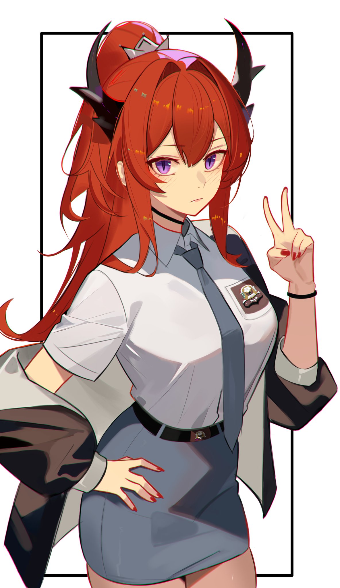 1girl, alternate_costume, arknights, belt, black_belt, black_choker, black_horns, black_wristband, breast_pocket, breasts, brown_jacket, choker, closed_mouth, collared_shirt, commentary, cowboy_shot, dzyyeee, english_commentary, expressionless, fingernails, grey_necktie, grey_skirt, hair_intakes, hand_on_own_hip, high-waist_skirt, highres, horns, indonesian_high_school_uniform, jacket, long_fingernails, long_hair, looking_at_viewer, miniskirt, nail_polish, necktie, open_clothes, open_jacket, pocket, red_nails, redhead, school_uniform, shirt, shirt_tucked_in, short_sleeves, simple_background, skirt, slit_pupils, solo, surtr_(arknights), v, violet_eyes, white_background, white_shirt