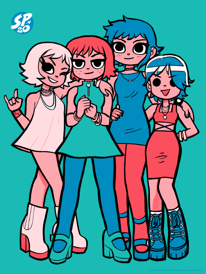 4girls, \m/, arm_behind_back, black_eyes, blue_dress, blue_hair, blue_pantyhose, boots