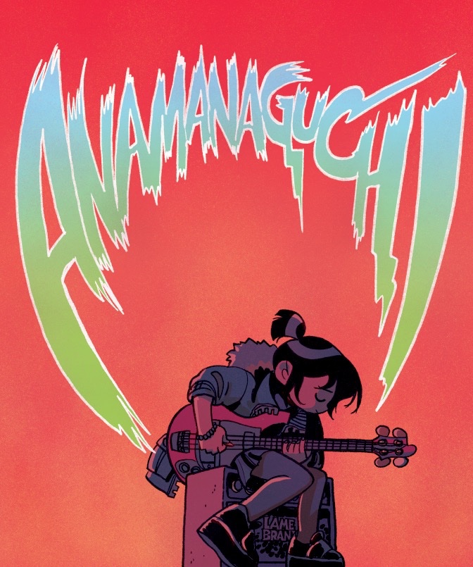 1girl, amplifier, anamanaguchi_(band), black_footwear, black_hair, black_skirt, blue_jacket, boots