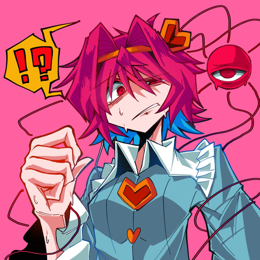 !?, 1girl, 3rdeye_suki, colored_inner_hair, commentary, hair_between_eyes, hairband, heart, highres, komeiji_satori, looking_at_viewer, multicolored_hair, parted_lips, pink_background, pink_hair, red_eyes, short_hair, simple_background, solo, sweat, symbol-only_commentary, third_eye, touhou, upper_body