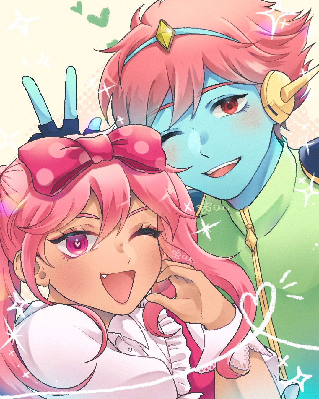 1boy, 1girl, :d, black_gloves, blue_skin, blush, bow, bright_pupils