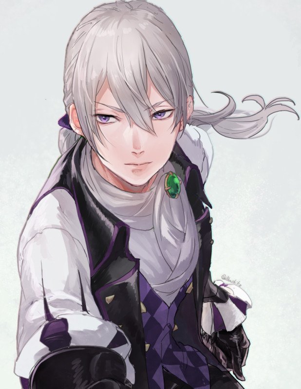 1boy, aristocratic_clothes, butler, fire_emblem, fire_emblem_fates, gem, green_gemstone, grey_hair