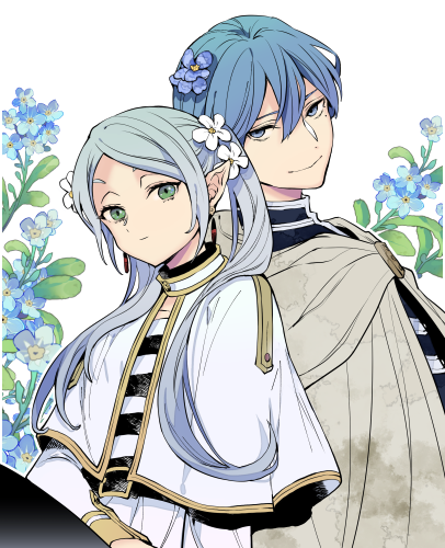 1boy, 1girl, back-to-back, black_shirt, blue_hair, blue_jacket, cape, capelet, flower, frieren, green_eyes, grey_cape, grey_hair, hair_between_eyes, hair_flower, hair_ornament, himmel_(sousou_no_frieren), jacket, lowres, nanahachi_77889, shirt, short_hair, smile, sousou_no_frieren, striped_clothes, striped_shirt, upper_body, white_capelet, white_flower, white_shirt