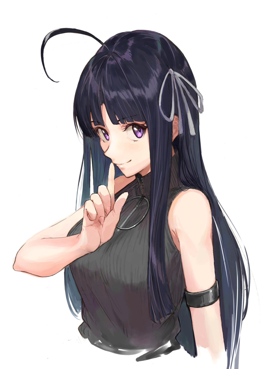 1girl, ahoge, armlet, awa_subaru, black_hair, black_sweater, breasts, closed_mouth