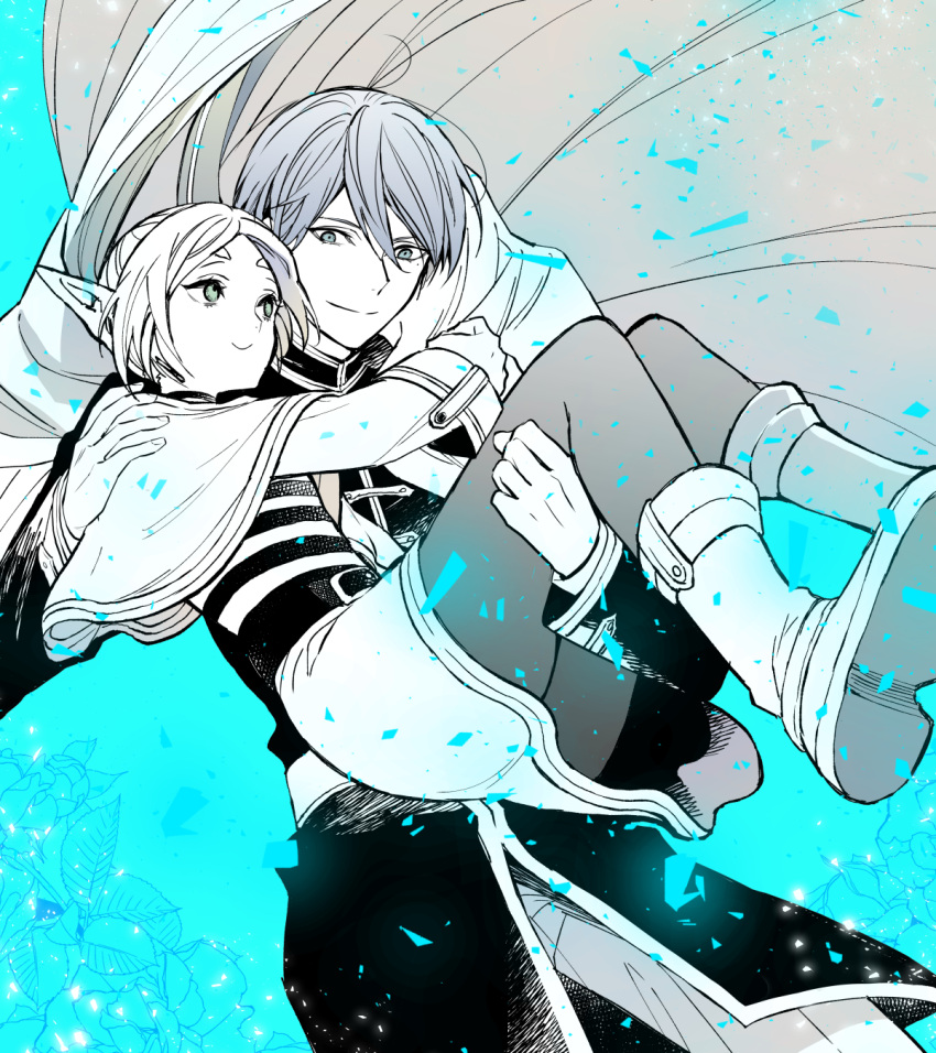 1boy, 1girl, cape, capelet, carrying, closed_mouth, frieren, green_background