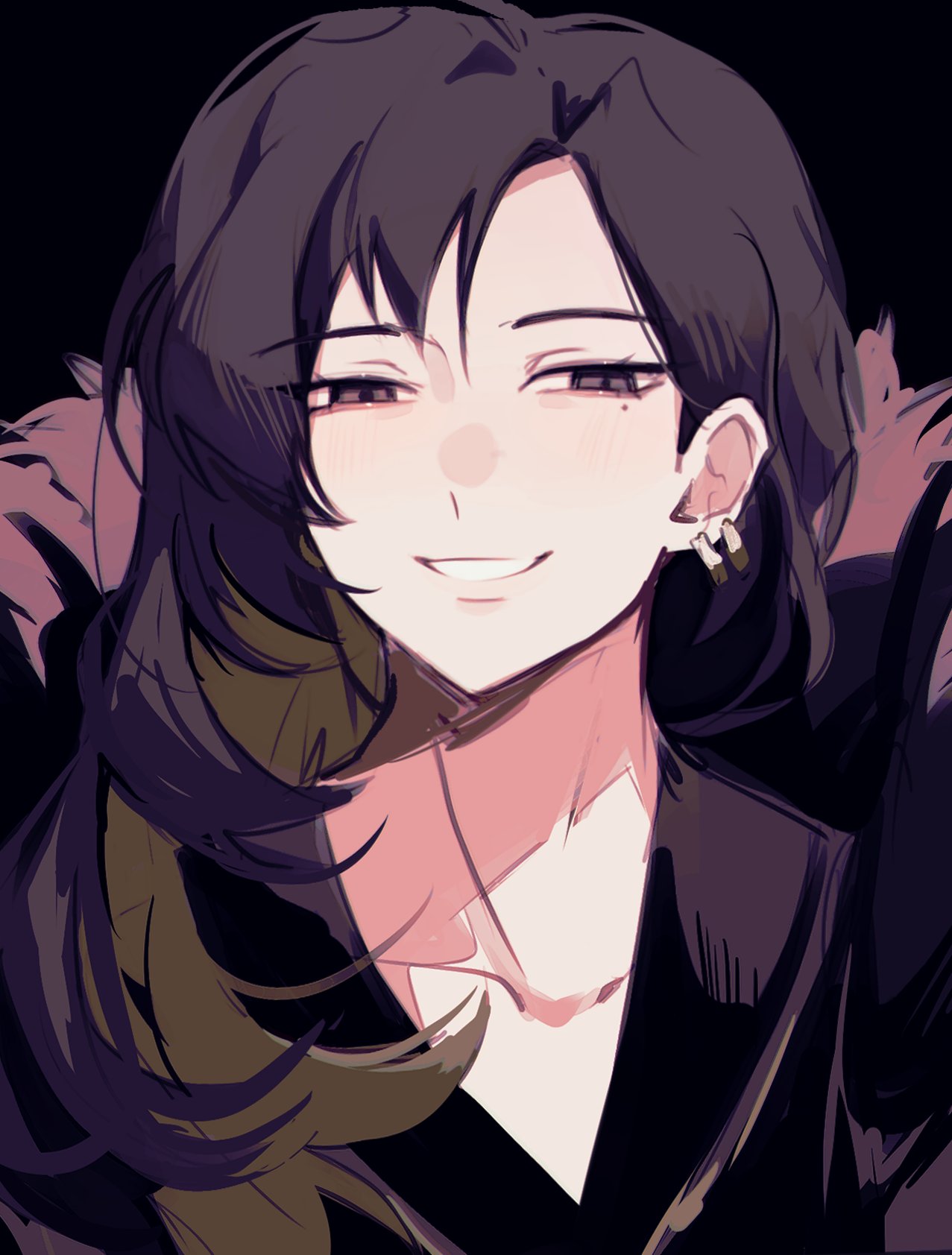 1girl, binah_(project_moon), black_background, black_eyes, black_hair, coat, collarbone, commentary, earrings, english_commentary, fur-trimmed_coat, fur_trim, grin, highres, jenn_(sinclairfan1), jewelry, library_of_ruina, long_hair, looking_at_viewer, mole, mole_under_eye, project_moon, simple_background, smile, solo