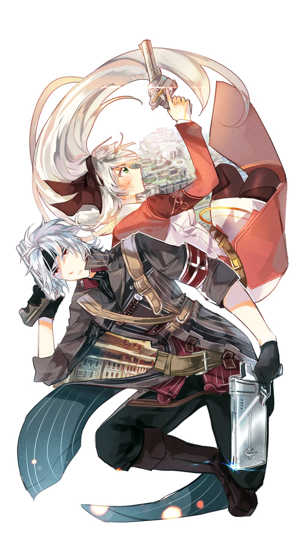 1boy, 1girl, belt, black_headband, black_pants, boots, brown_footwear, carrot_gaimee