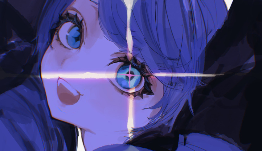 1girl, :d, black_bow, blue_hair, bow, crazy_eyes, drill_hair, fang, gwen_(league_of_legends), hair_bow, highres, league_of_legends, long_hair, looking_at_viewer, nakiyande, open_mouth, smile, solo, teeth, upper_teeth_only