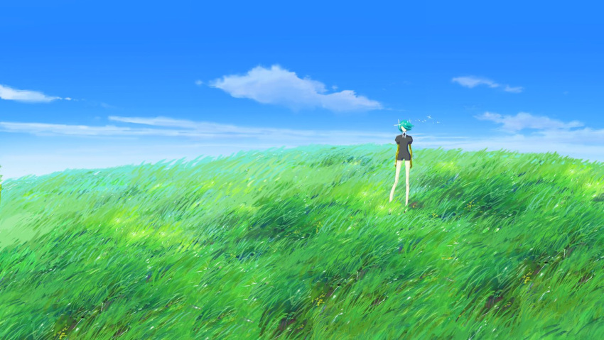 1other, aqua_hair, bike_shorts, black_jacket, black_necktie, black_shorts, clouds, cloudy_sky