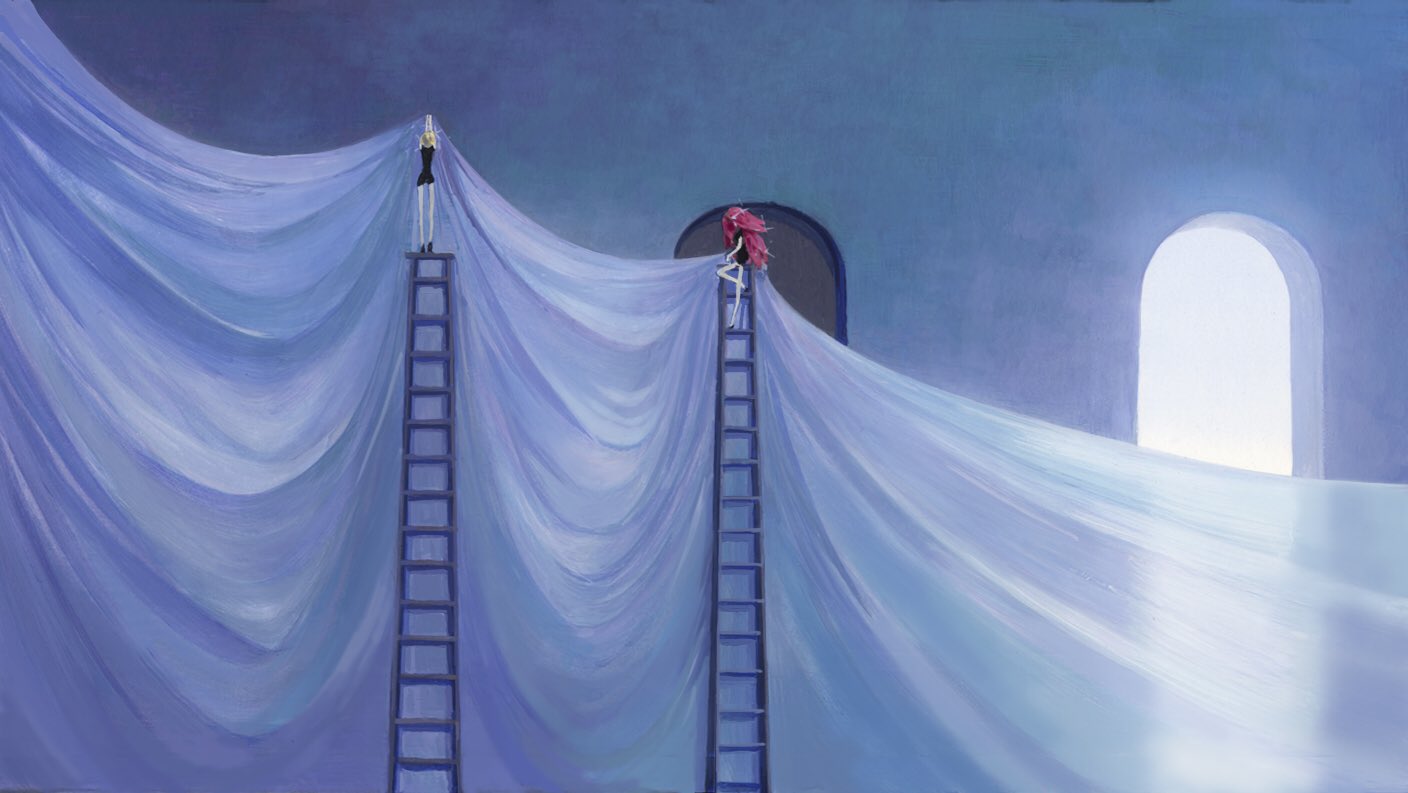 2others, bike_shorts, black_footwear, black_jacket, black_shorts, curtains, end_card, gem_uniform_(houseki_no_kuni)