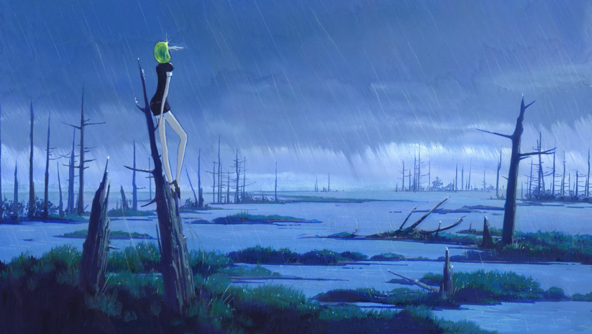 1other, black_footwear, black_jacket, black_shorts, clouds, end_card, gem_uniform_(houseki_no_kuni), green_hair