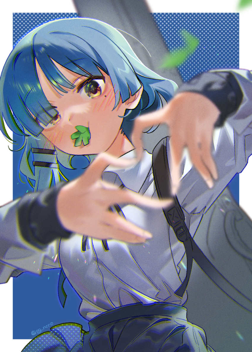 1girl, asymmetrical_sidelocks, black_ribbon, blue_background, blue_hair, blue_skirt, blunt_bangs, blurry