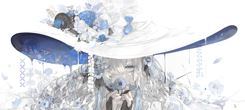 1girl, absurdres, asamineru, blue_eyes, blue_flower, bridal_gauntlets, covering_own_mouth, flower