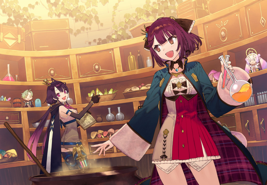 2girls, :d, absurdres, alchemy, atelier_(series), atelier_sophie_2, barrel, belt