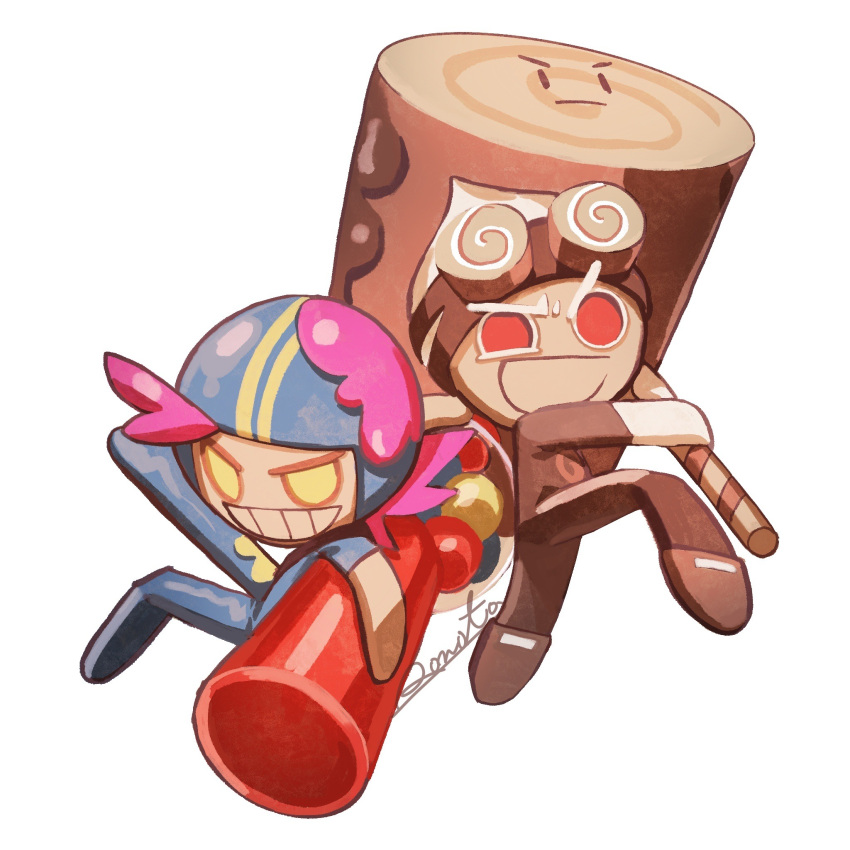 2boys, artist_name, blue_bodysuit, blue_helmet, bodysuit, brown_pants, brown_shirt, cookie_run