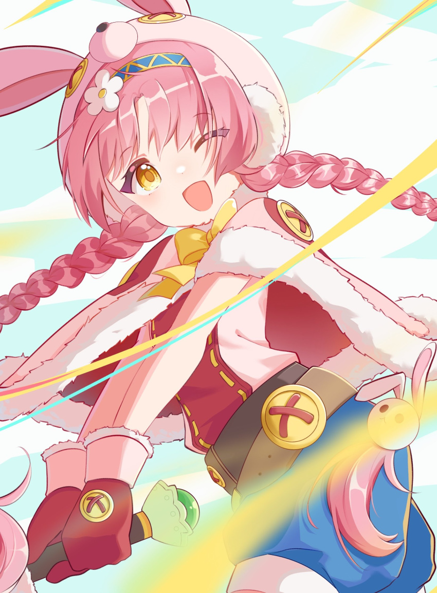1girl, animal_hat, belt, blue_hairband, braid, button_eyes, buttons, capelet