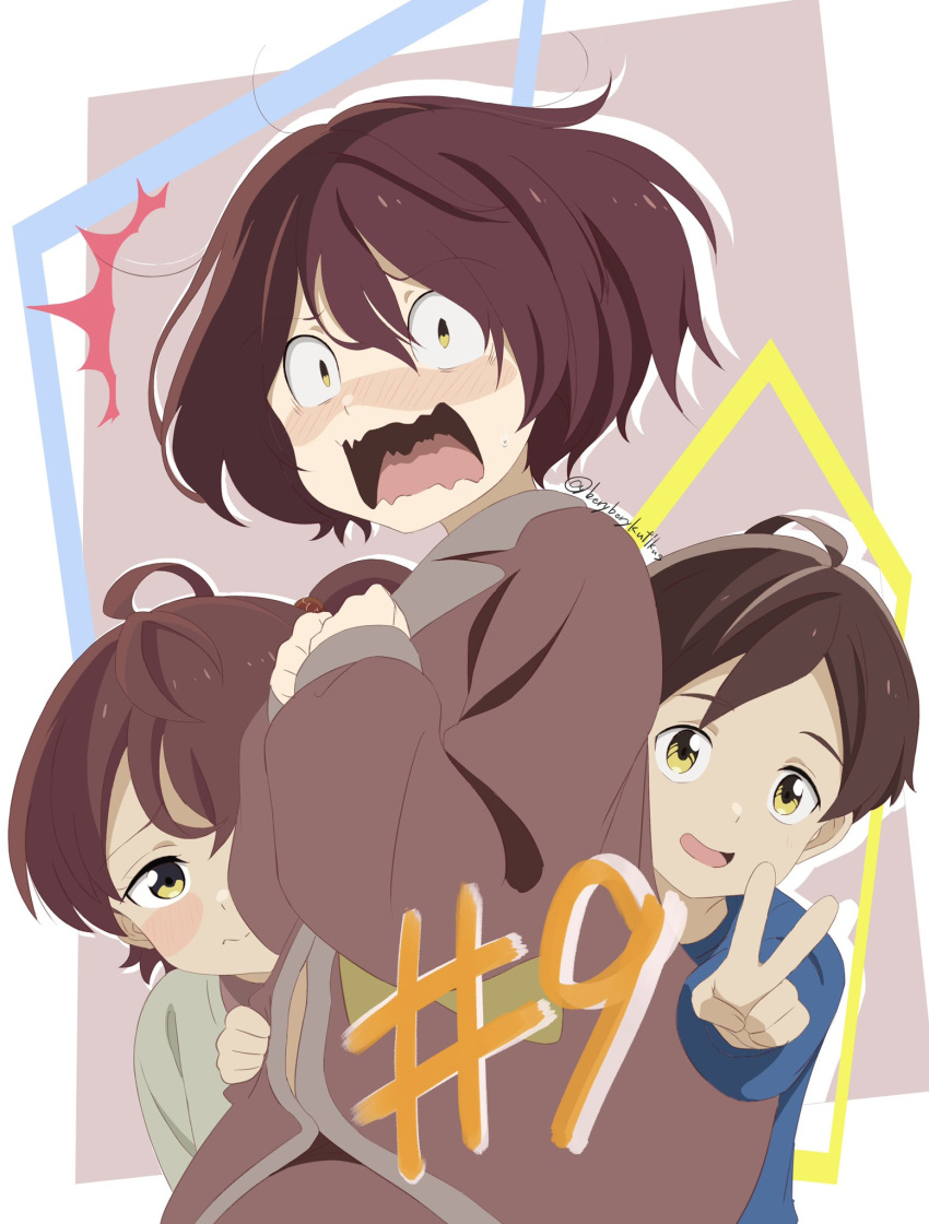 1boy, 2girls, ^^^, ahoge, beryberykutikus, brown_eyes, brown_hair, commentary_request, cowboy_shot, dilated_pupils, episode_number, highres, komari_chika, looking_at_viewer, make_heroine_ga_oo_sugiru!, multiple_girls, short_hair, v, wavy_mouth