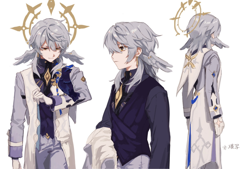 1boy, animal_on_arm, bird, bird_on_arm, closed_mouth, coat, commentary, earrings