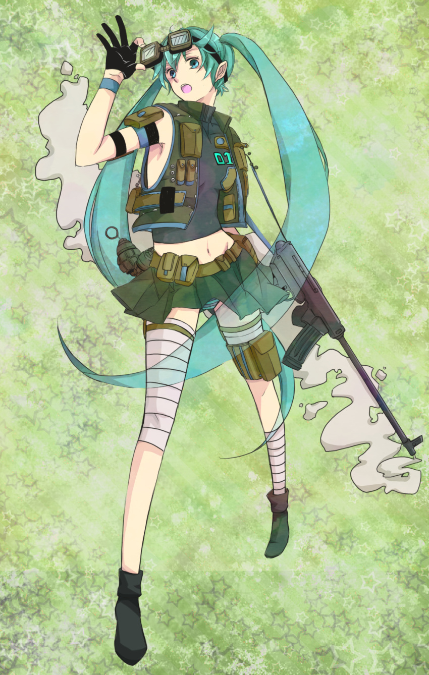 6274, aqua_hair, bad_id, ballpen, bandage, bandages, blue_eyes, explosive, gloves, goggles, grenade, gun, hatsune_miku, highres, juugonichi_(wheeliex2), long_hair, midriff, navel, open_mouth, panties, pantyshot, skirt, solo, striped, striped_panties, twintails, underwear, very_long_hair, vest, vocaloid, weapon