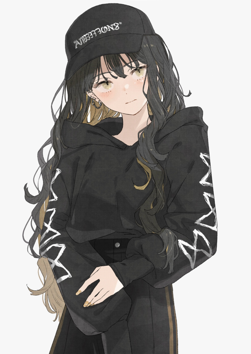1girl, baseball_cap, black_hair, black_hat, black_pants, blush, brown_eyes, brown_nails