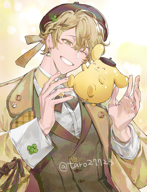 1boy, artist_name, beret, blonde_hair, braid, braided_bangs, brown_hat, brown_ribbon