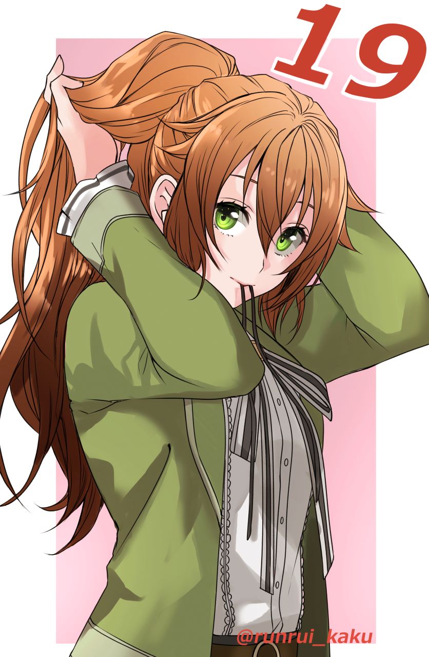 1girl, border, brown_hair, commentary_request, countdown, eiyuu_densetsu, eyelashes, green_eyes