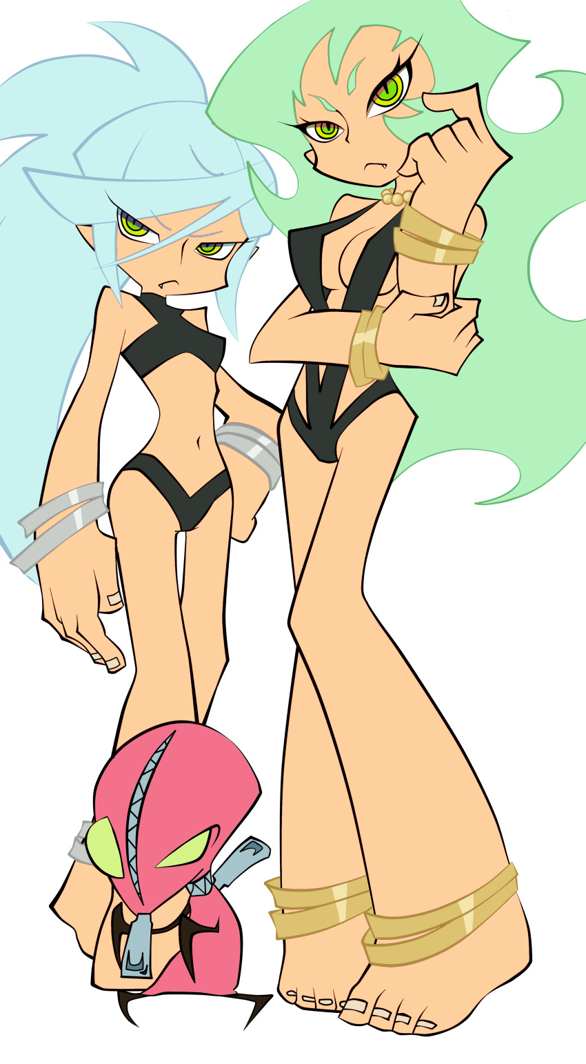 absurdres, anklet, barefoot, bikini, blue_hair, breasts, cleavage, fang