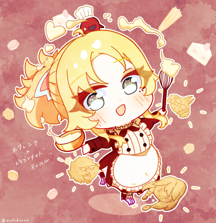 1girl, absurdres, albaz_(yu-gi-oh!), apron, biscuit_(oishiibiscuit), blonde_hair, character_cookie, chef_hat, chibi, cookie, cosplay, dogmatika_fleurdelis_the_knighted, ecclesia_(yu-gi-oh!), fallen_of_albaz, familiar, fleurdelis_(yu-gi-oh!), flour, food, hat, highres, incredible_ecclesia_the_virtuous, kitchen_dragonmaid, kitchen_dragonmaid_(cosplay), kitt_(yu-gi-oh!), maid, maid_apron, maid_headdress, smile, solo, standing, tri-brigade_kitt, yu-gi-oh!