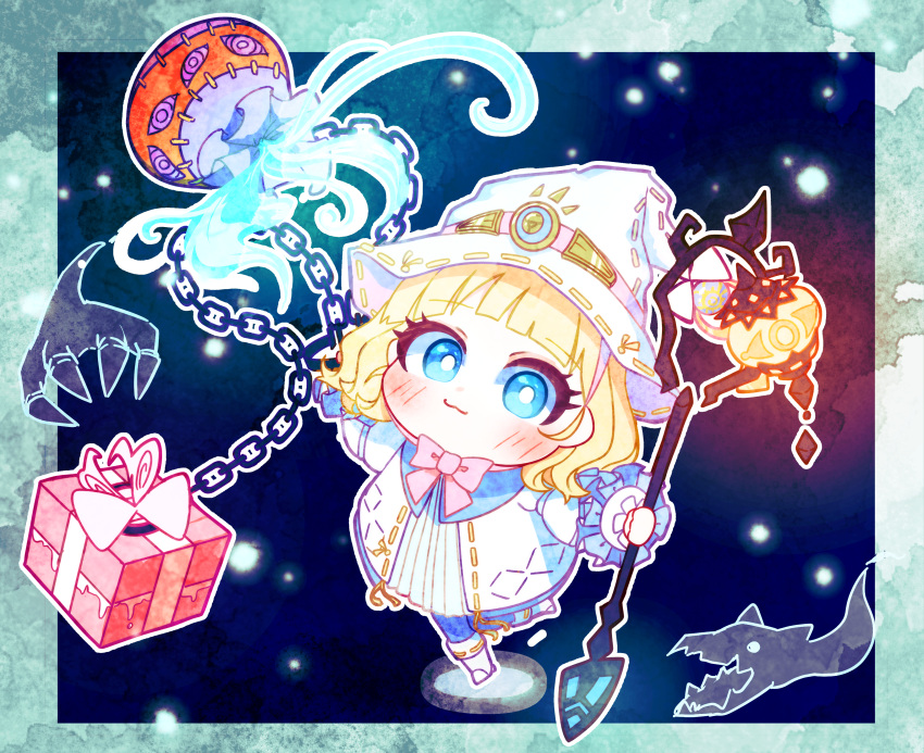 1girl, absurdres, biscuit_(oishiibiscuit), blonde_hair, blue_eyes, blunt_bangs, box, chain, chibi, diabellze_the_original_sinkeeper, dress, duel_monster, elzette_of_the_white_forest, gift, gift_box, hat, highres, holding, holding_staff, looking_at_viewer, smile, solo, staff, standing, standing_on_one_leg, white_dress, witch_hat, yu-gi-oh!