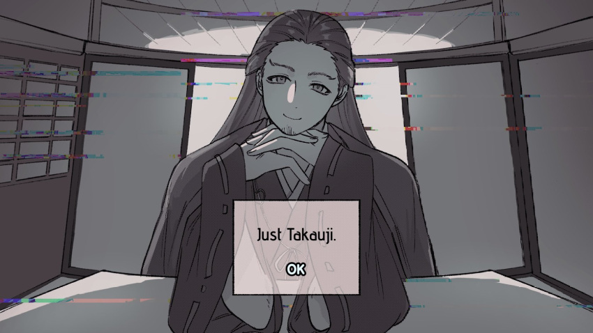 1boy, arm_support, ashikaga_takauji_(nige_jouzu_no_wakagimi), character_name, closed_mouth, cosplay, desk, dialogue_box