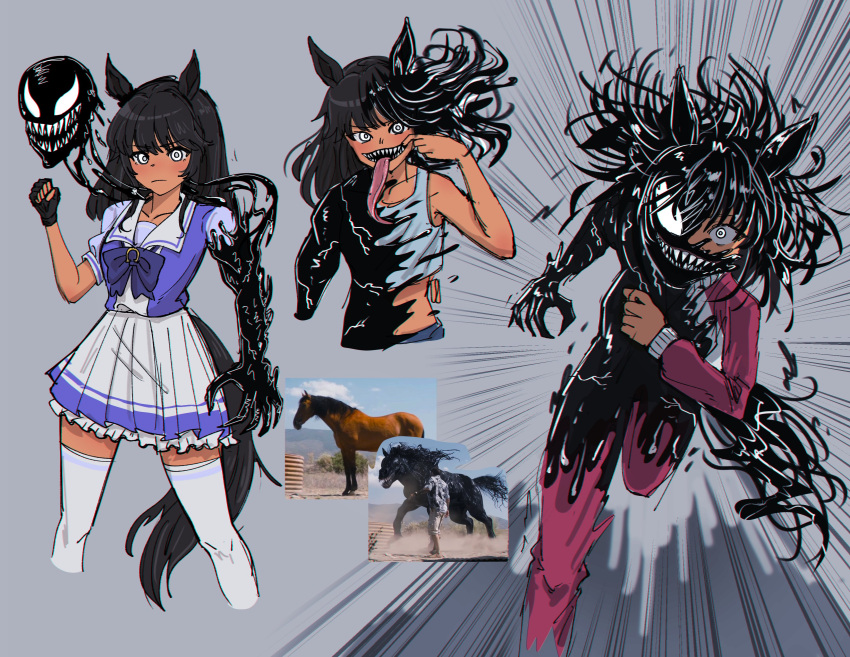 1boy, 1girl, absurdres, black_hair, bow, bowtie, dark_skin, foxtrot_(foxtrotfridays), highres, horseshoe_ornament, original, pleated_skirt, puffy_short_sleeves, puffy_sleeves, purple_bow, purple_bowtie, purple_shirt, sailor_collar, sailor_shirt, school_uniform, shirt, short_sleeves, singlet, skirt, thigh-highs, tracen_school_uniform, track_suit, umamusume, venom_(marvel), white_thighhighs