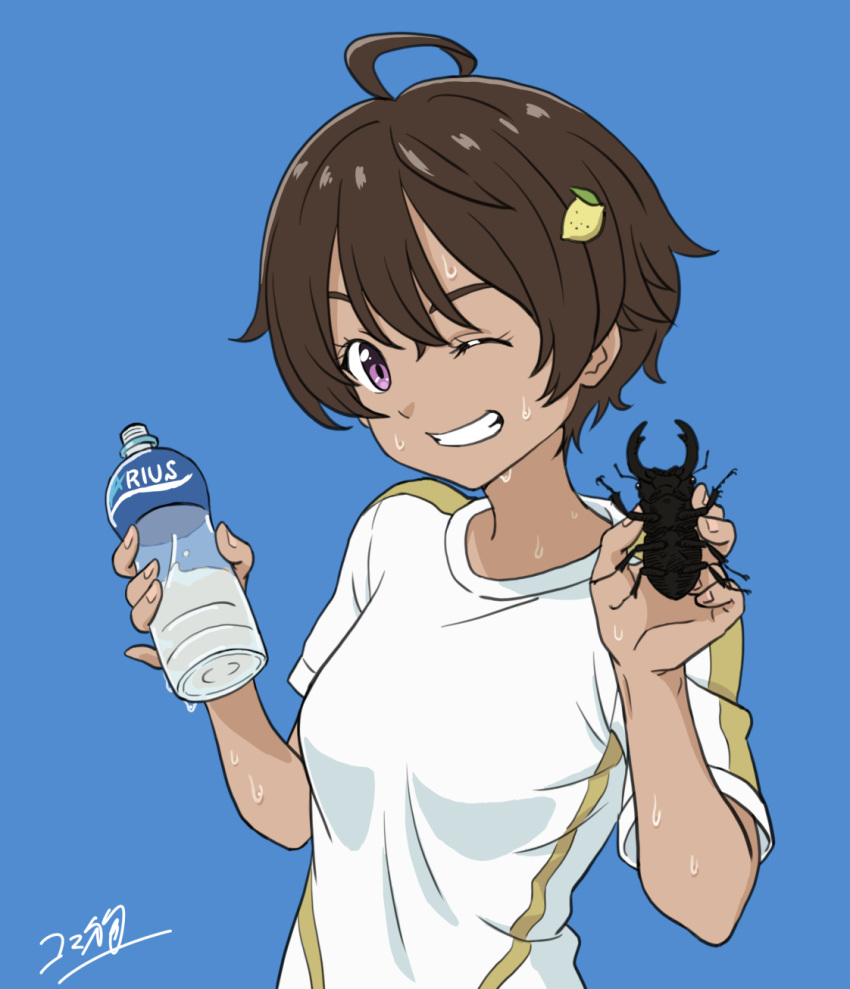 1girl, beetle, black_hair, blue_background, bottle, bug, commentary_request, dark-skinned_female